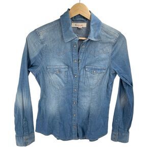 Vince Camuto Womens Western Shirt Chambray Long Sleeve Pearl Snap Blue Size XS